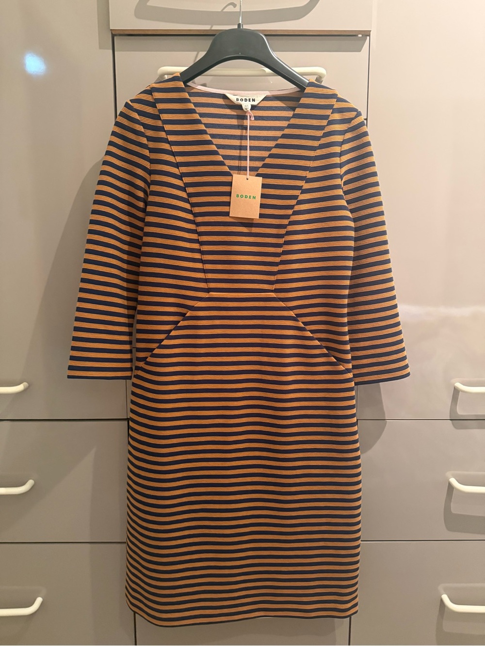 NWT Boden Striped V-Neck Brontë Ottoman Dress in Navy and Ochre Stripe